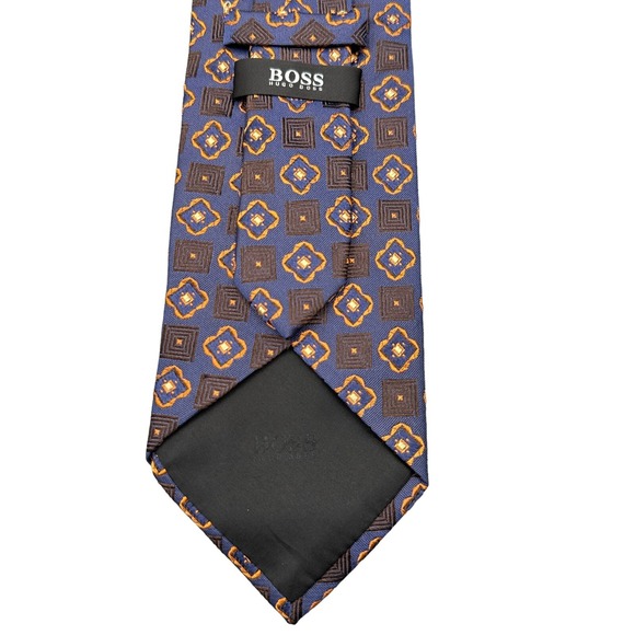BOSS Hugo Boss Tie Mens Blue Gold Brown Geometric Art Silk‎ Luxury Necktie Italy - Picture 3 of 4